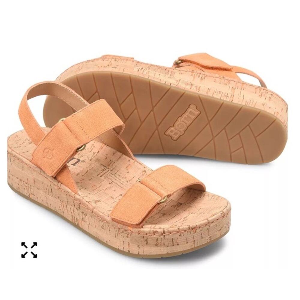 Born Cork Sandals Suede Leather Orange Shoes Women's Size 8m Wedge Buckle